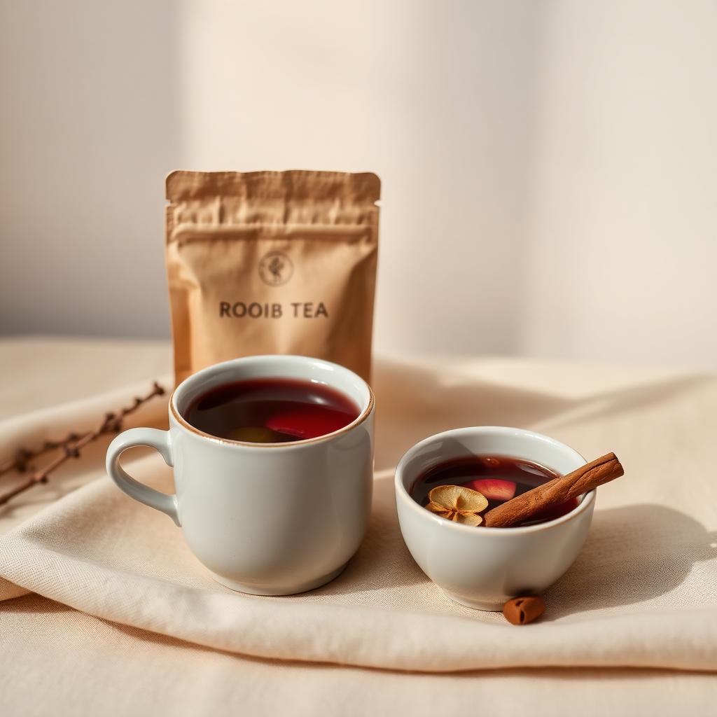 Rest loose-leaf tea pouch beside a freshly brewed cup of apple cider rooibos