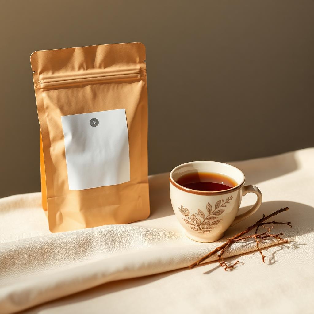 Return loose-leaf tea pouch beside a freshly brewed cup of hojicha